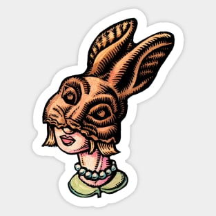 Woman Wearing Chocolate Rabbit Head Sticker